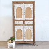 Indian Hand Carved Rattan Cane Solid Wooden Cupboard Wardrobe D50